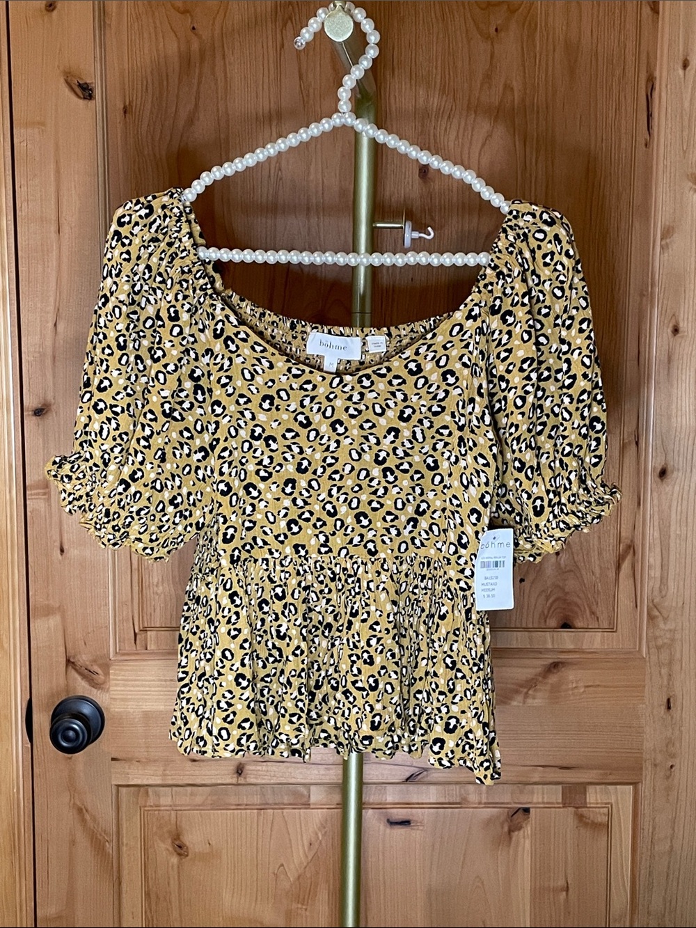 Boheme Yellow Leopard Puff-Sleeve Peplum Top Size M